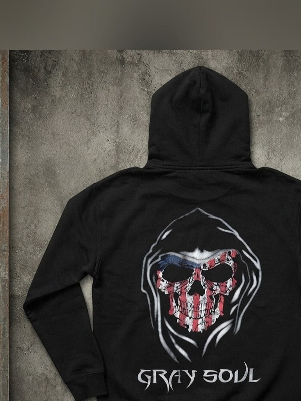 Mens Vintage Gray Soul American Flag Skull Graphic Black Hooded Sweatshirt Small